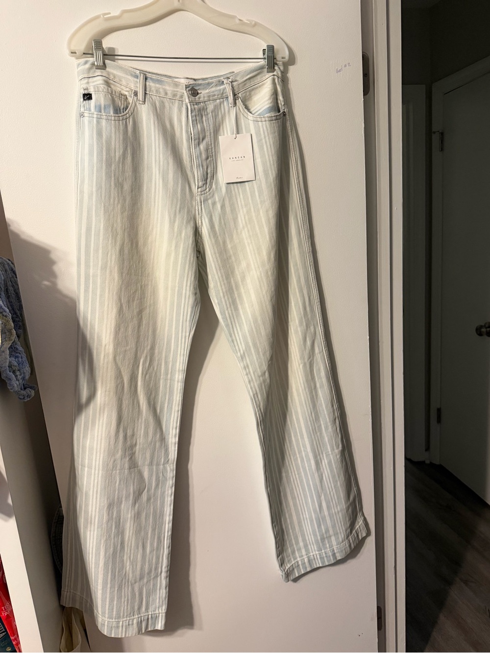 KanCan Light Blue and White Striped Wide-Leg Jeans